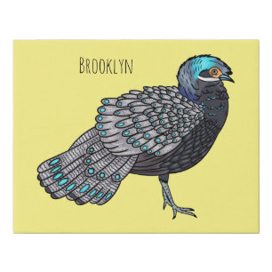 Bornean peacock-pheasant bird cartoon illustration faux canvas print