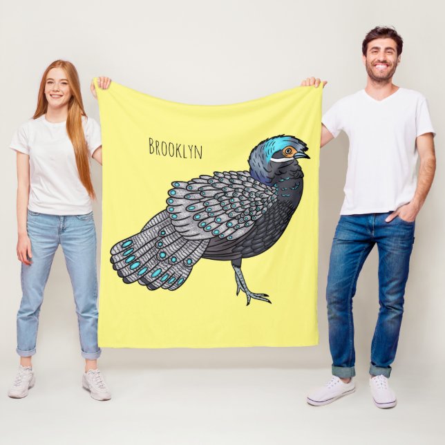 Bornean peacock-pheasant bird cartoon illustration fleece blanket (In Situ)