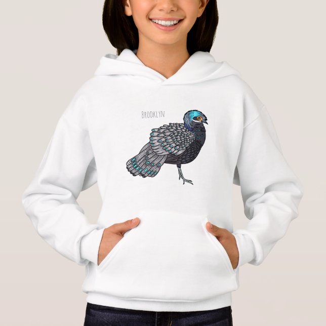 Bornean peacock-pheasant bird cartoon illustration hoodie (Front)