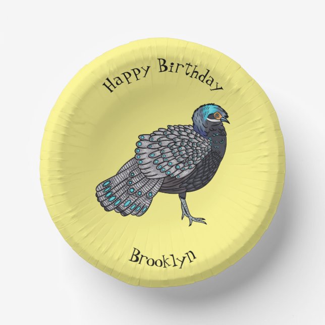 Bornean peacock-pheasant bird cartoon illustration paper bowls (Front)