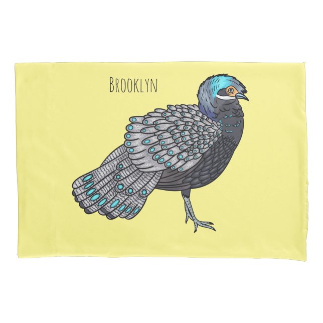 Bornean peacock-pheasant bird cartoon illustration pillow case (Front)