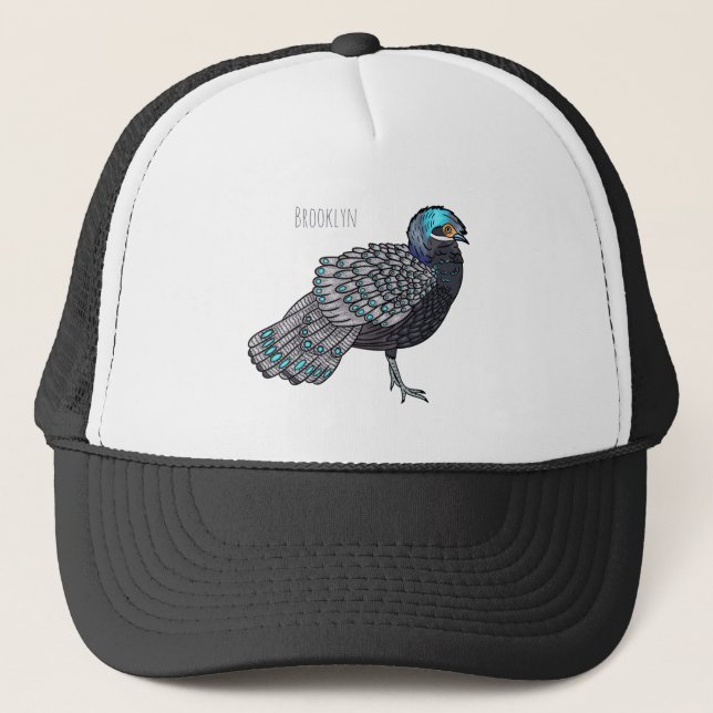 Bornean peacock-pheasant bird cartoon illustration trucker hat (Front)