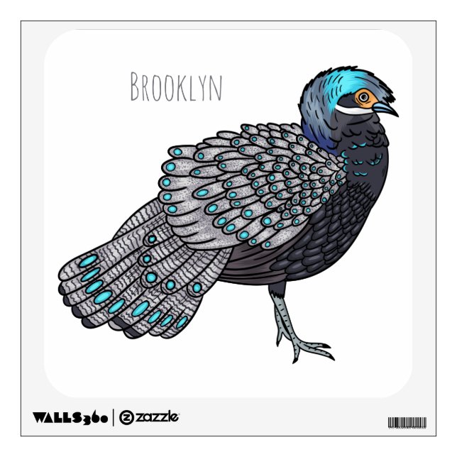 Bornean peacock-pheasant bird cartoon illustration wall decal (Front)