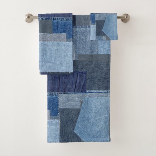 Boro Boro Blue Jean Patchwork Denim Shibori Bath Towel Set