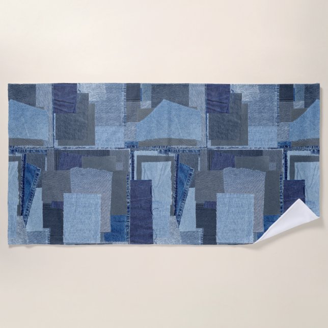 Boro Boro Blue Jean Patchwork Denim Shibori Beach Towel (Front)