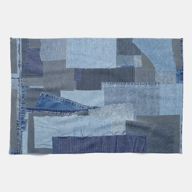 Boro Boro Blue Jean Patchwork Denim Shibori Kitchen Towel (Horizontal)