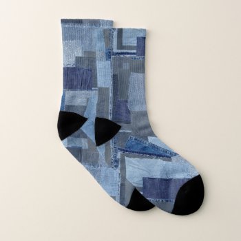 Boro Boro Blue Jean Patchwork Denim Shibori Socks by TribeAndSea at Zazzle
