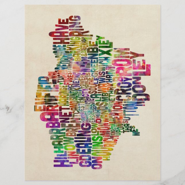 Boroughs of London Typography Text Map Flyer (Front)