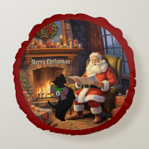 Borthwick Scottie Dog & Santa Personalized Xmas Round Pillow