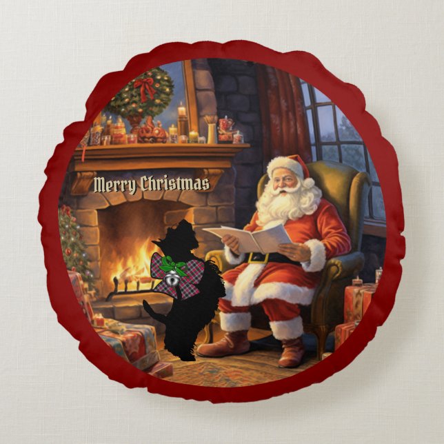 Borthwick Scottie Dog & Santa Personalized Xmas Round Pillow (Front)