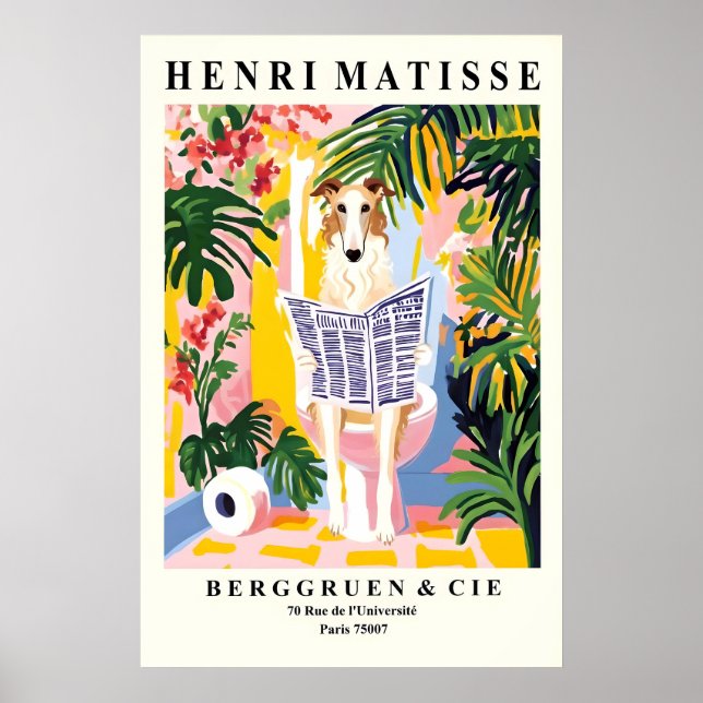 Borzoi Art Print Funny Bathroom Decor, Dog on (Front)