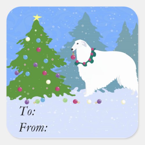 Borzoi Decorating Christmas Tree in the Forest Square Sticker