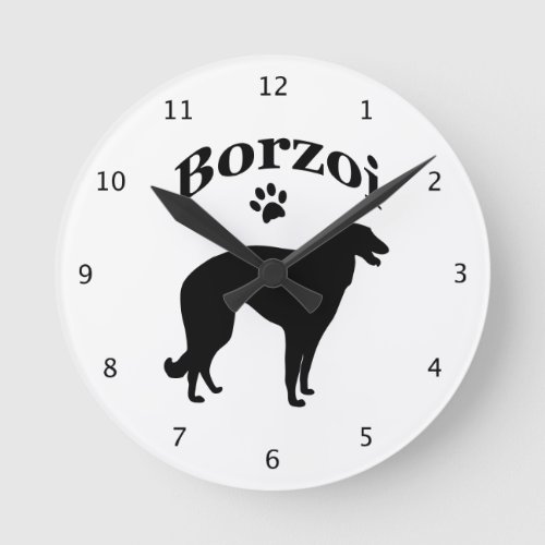 Borzoi dog black silhouette with paw print round clock