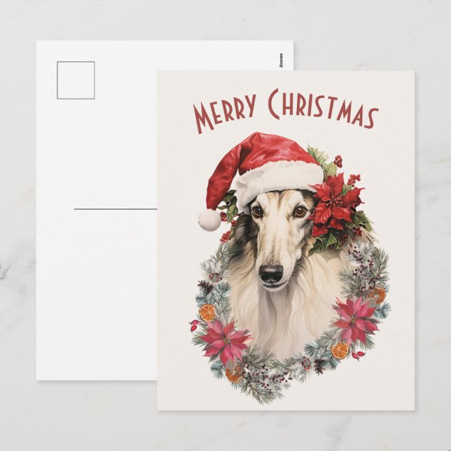 Borzoi Dog Santa Hat Red Poinsettias Christmas Holiday Postcard (Front/Back)