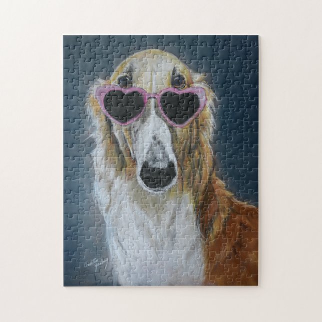 Borzoi in Heart Glasses Dog Art Puzzle (Vertical)