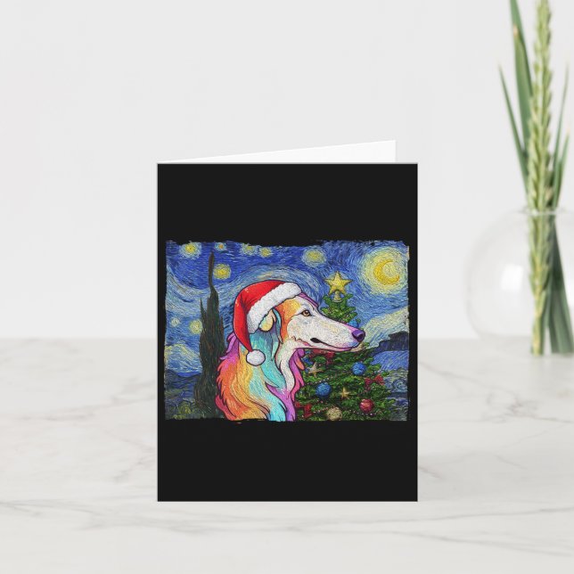 Borzoi Santa Hat Christmas Starry Night Dog Art Pa Card (Front)