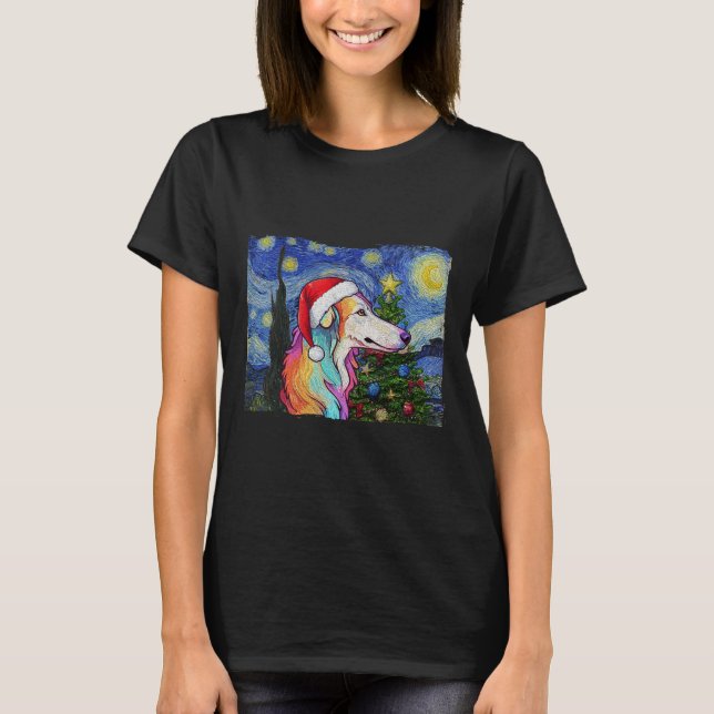 Borzoi Santa Hat Christmas Starry Night Dog Art Pa T-Shirt (Front)