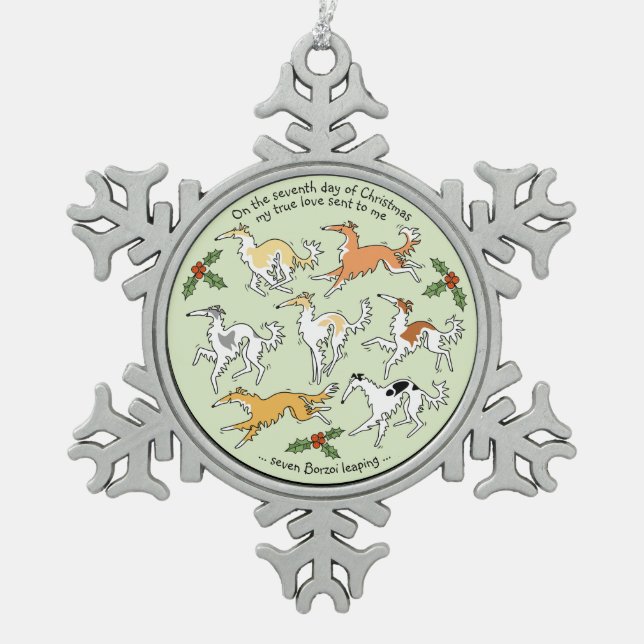 Borzoi Seventh Day of Christmas Snowflake Pewter Christmas Ornament (Front)