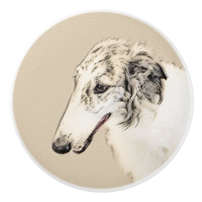 Borzoi (Silver Brindle) Painting Original Dog Art Ceramic Knob (Front)