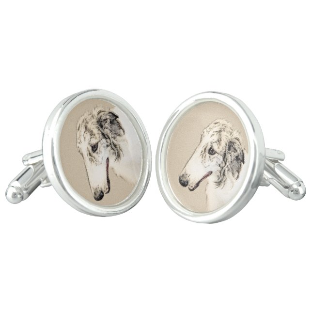 Borzoi (Silver Brindle) Painting Original Dog Art Cufflinks (Angled)