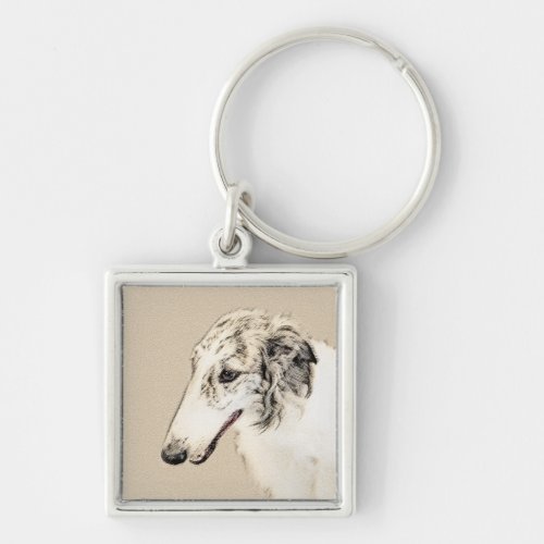 Borzoi Silver Brindle Painting Original Dog Art Keychain