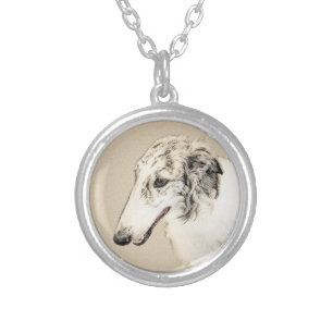 Borzoi (Silver Brindle) Painting Original Dog Art Silver Plated Necklace