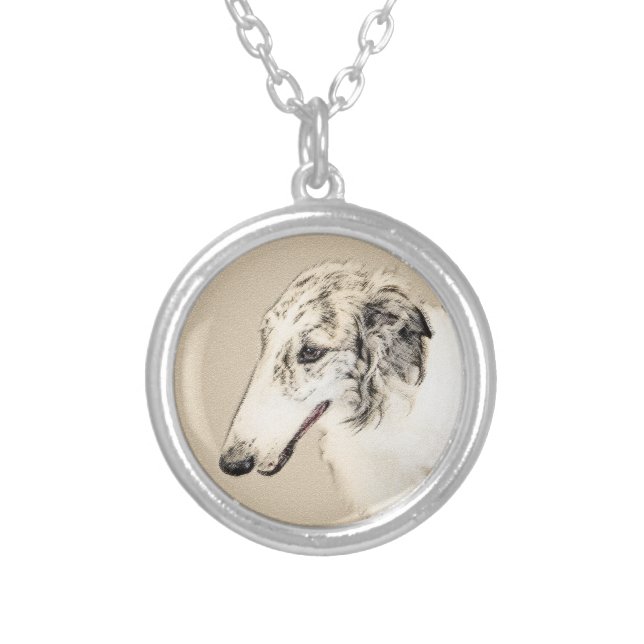 Borzoi (Silver Brindle) Painting Original Dog Art Silver Plated Necklace (Front)