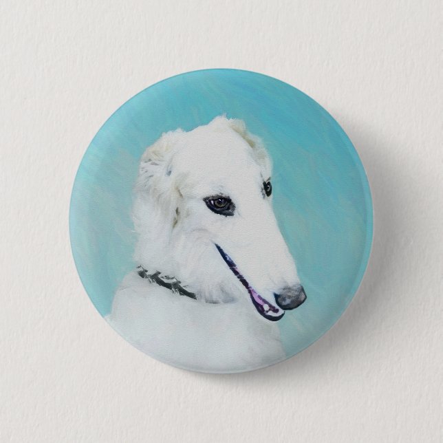 Borzoi (White) Painting - Cute Original Dog Art Button (Front)