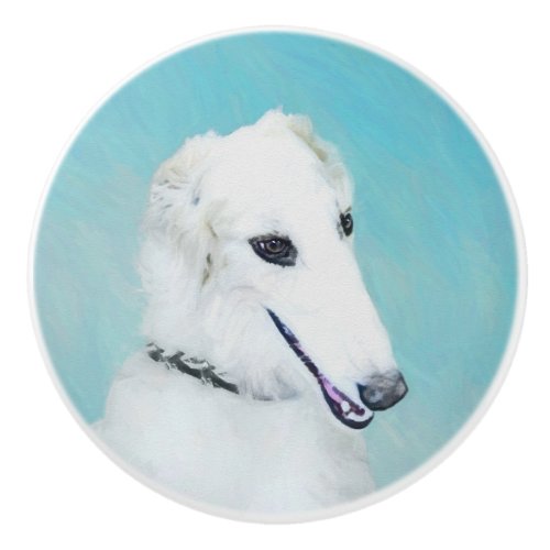 Borzoi White Painting _ Cute Original Dog Art Ceramic Knob
