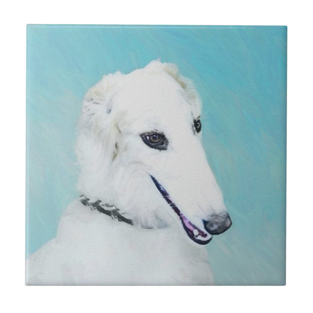 Borzoi (White) Painting - Cute Original Dog Art Ceramic Tile (Front)
