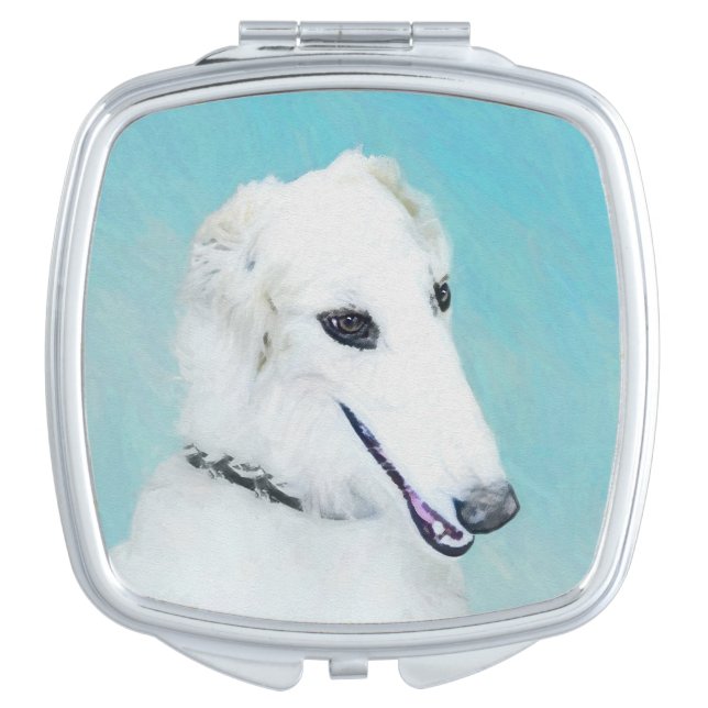 Borzoi (White) Painting - Cute Original Dog Art Makeup Mirror (Front)