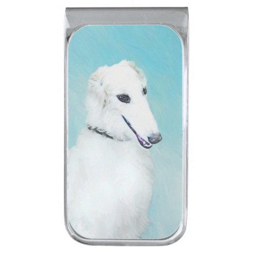 Borzoi White Painting _ Cute Original Dog Art Silver Finish Money Clip