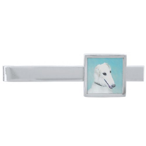 Borzoi White Painting _ Cute Original Dog Art Silver Finish Tie Clip