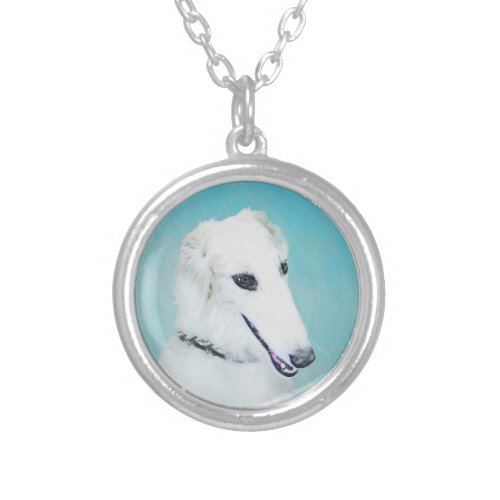Borzoi White Painting _ Cute Original Dog Art Silver Plated Necklace