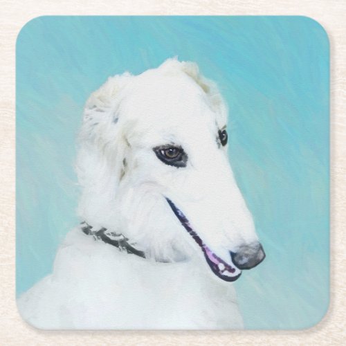 Borzoi White Painting _ Cute Original Dog Art Square Paper Coaster