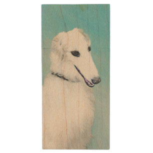Borzoi (White) Painting - Cute Original Dog Art Wood USB Flash Drive