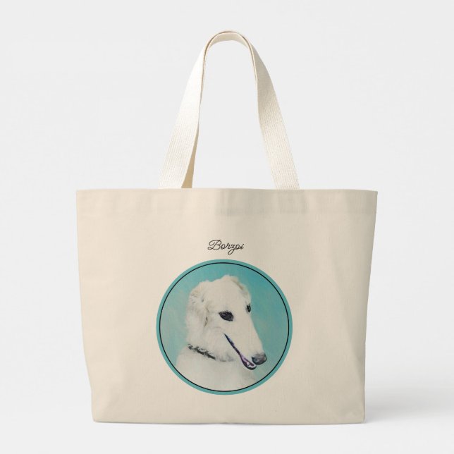 Borzoi White Painting Russian Wolfhound Dog Art Large Tote Bag (Back)