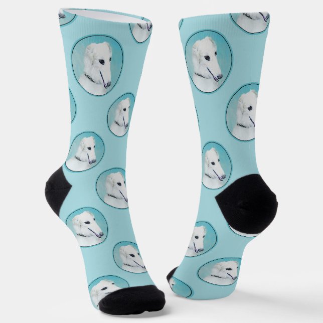 Borzoi White Painting Russian Wolfhound Dog Art Socks (Angled)