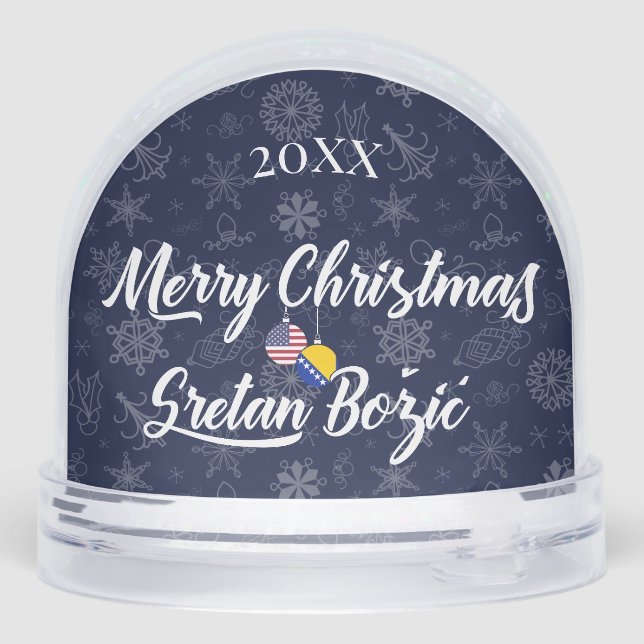 Bosnian American Bilingual Merry Christmas Snow Globe (Back)