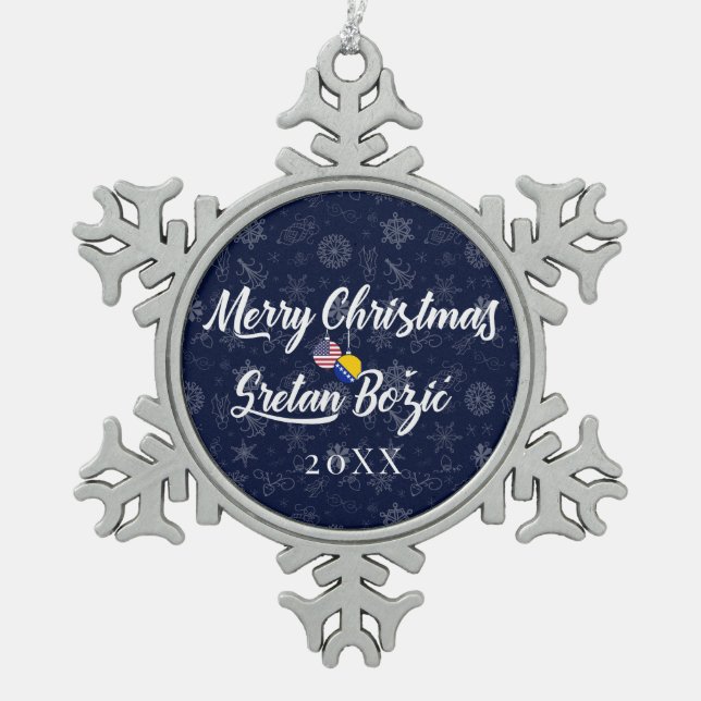 Bosnian American With Custom Year Bilingual Snowflake Pewter Christmas Ornament (Front)