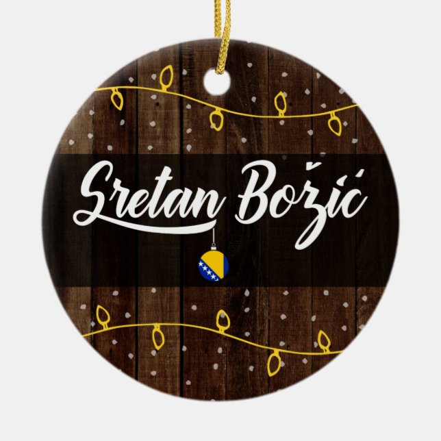 Bosnian Merry Christmas, Sretan Božić Rustic Ceramic Ornament (Front)