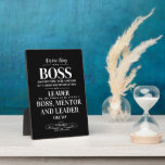 Boss appreciation week card plaque<br><div class="desc">Boss Mentor Leader Appreciation Plaque Show your gratitude with this Boss, Mentor, and Leader appreciation glass plaque, featuring a striking black background with white lettering: "One thing is to be a boss, another is to be a mentor, but a completely different thing is to be a leader. We are proud...</div>