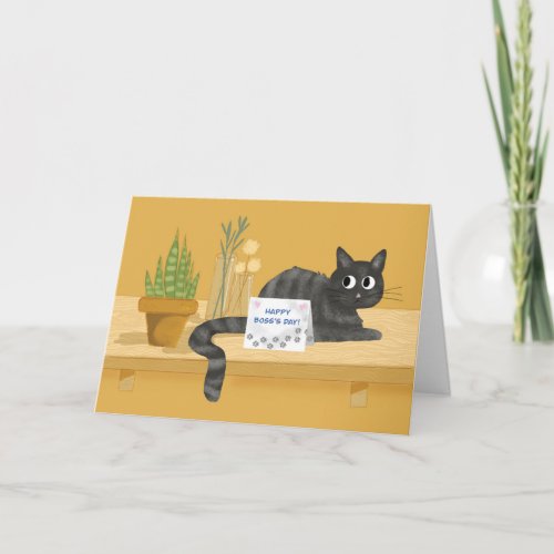 Boss Day Funny Cat on Table With Plants Card