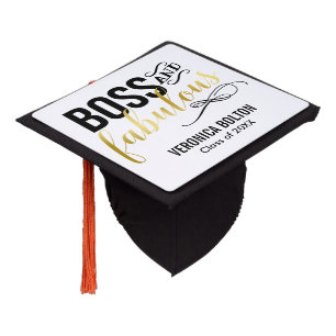 Boss & Fabulous Gold & Black Typography Graduation Cap Topper