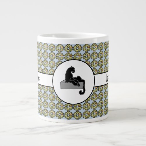 Boss Lady Black Cat and Pink Flowers Blue Giant Coffee Mug