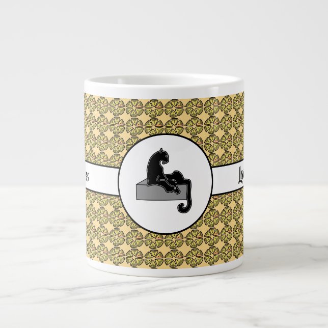 Boss Lady Black Cat and Pink Flowers Yellow Giant Coffee Mug (Front)