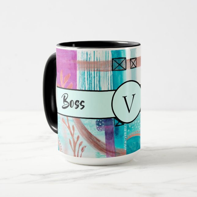 Boss Lady Black Monogram Abstract Ringer 15oz Mug (Front Left)
