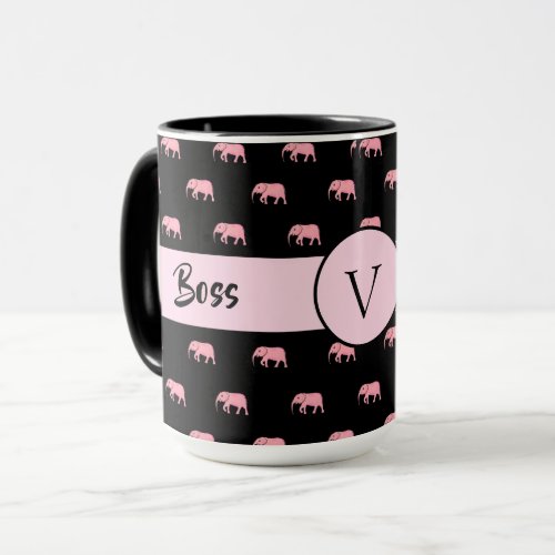 Boss Lady Black Monogram Elephant Ringer 15oz Mug