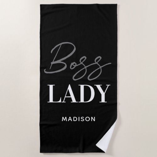 Boss Lady Black White Script Personalized Beach Towel