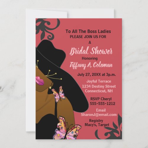 Boss Lady Butterfly Pink African American Bridal   Invitation